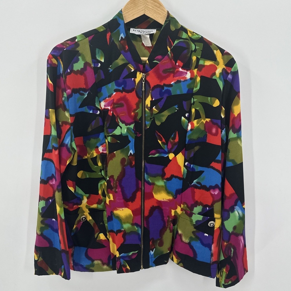 Vintage Kensington Square Jacket Womens L Floral Abstract Zip USA 90s Athleisure